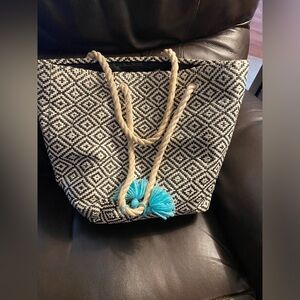 Black & White Geometric Tote with Turquoise Tassels